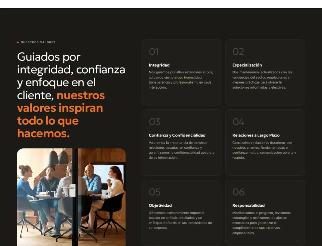 Sección de valores del sitio de Gesemau, con foto de su equipo