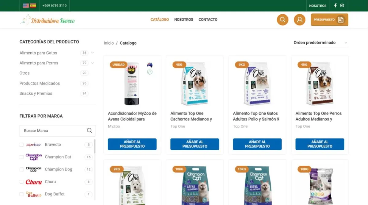 Catálogo de Distribuidora Reveco con filtros por categoría y marca