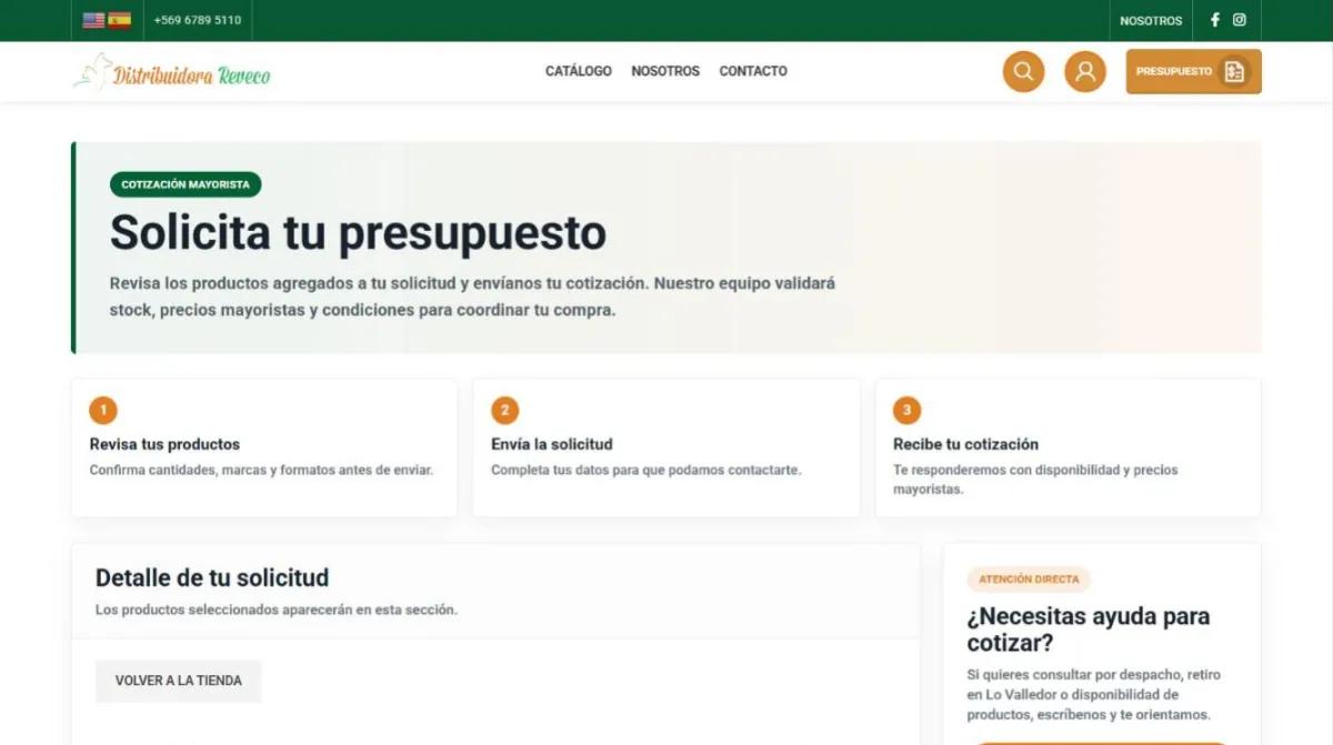 Página de presupuesto de Distribuidora Reveco