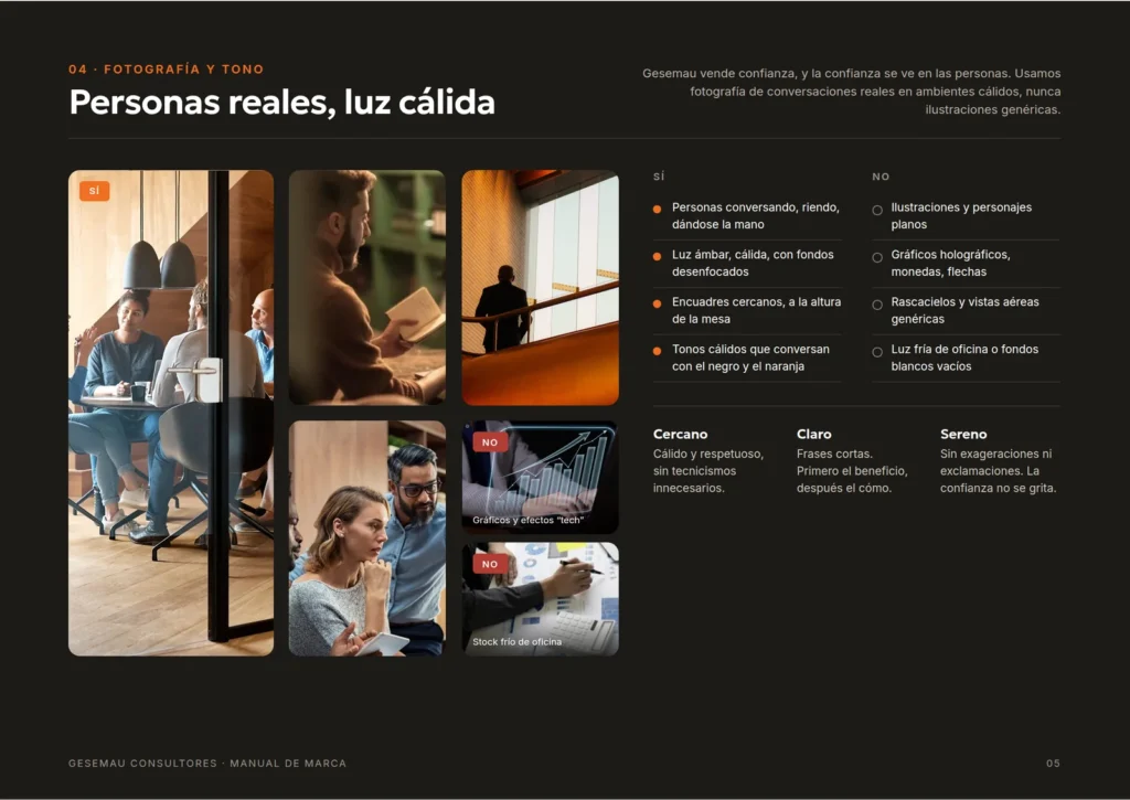 Manual de marca de Gesemau: fotografía con personas reales y luz cálida