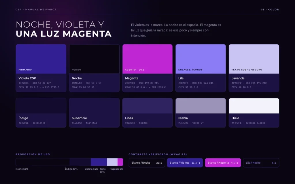 Paleta de CSP Consulting: noche, violeta y una luz magenta