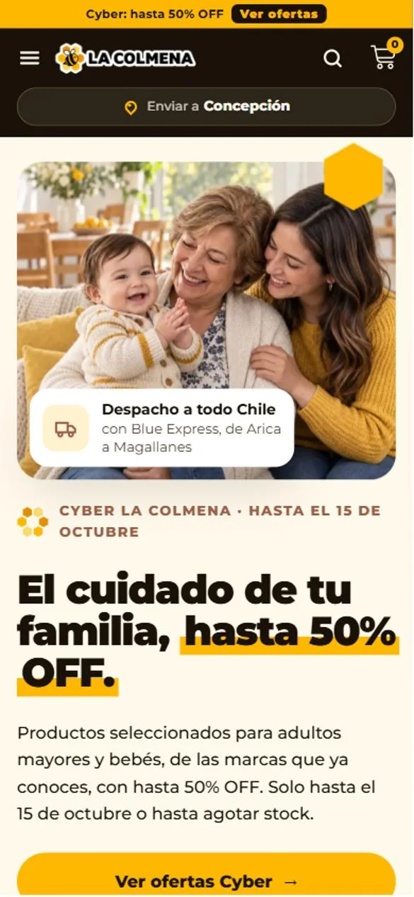 Tienda online de La Colmena en el celular: página de inicio