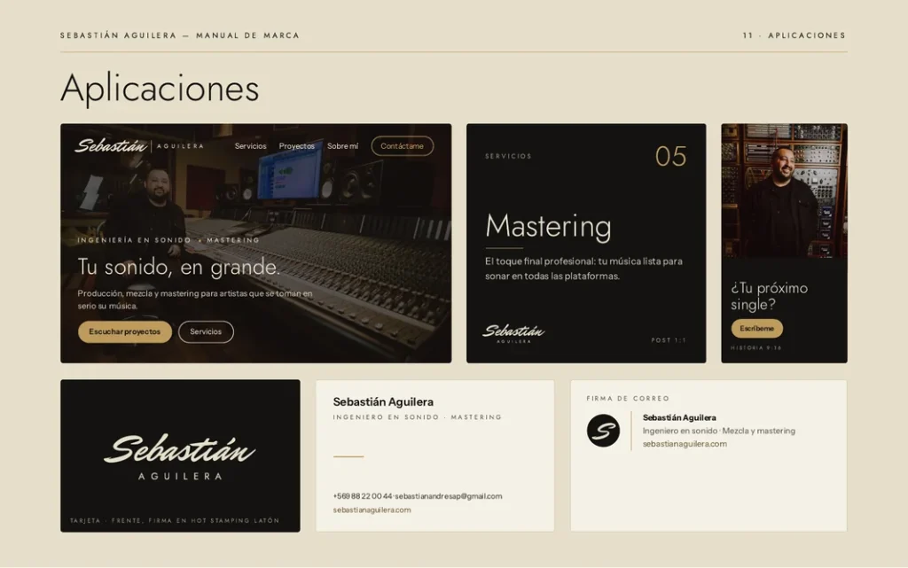 Aplicaciones de la marca Sebastián Aguilera en web, redes y papelería