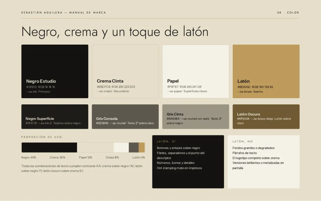 Paleta de Sebastián Aguilera: negro estudio, crema cinta, papel y latón