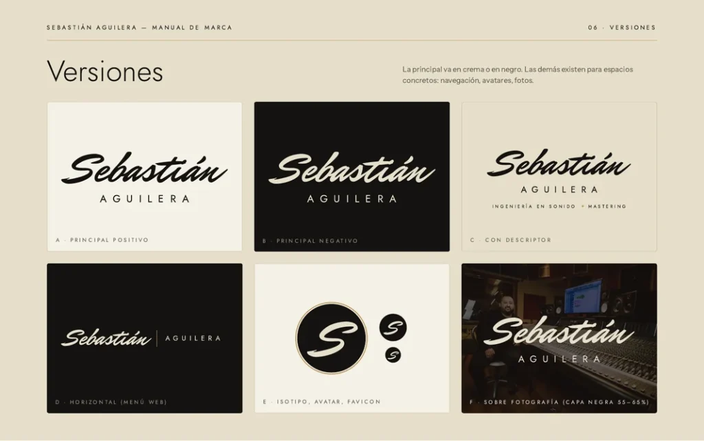 Versiones del logo de Sebastián Aguilera sobre fondos claros, oscuros y fotografía
